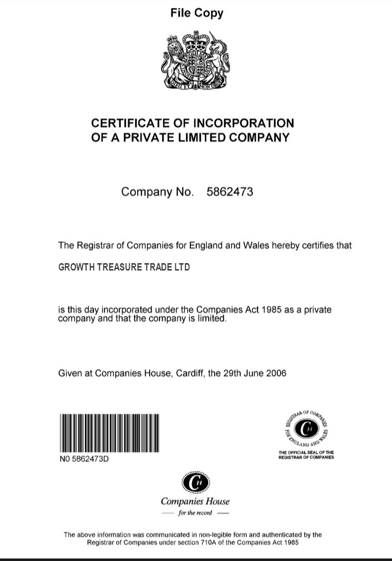 Certificate of Incorporation - Growth Treasure Trade Ltd